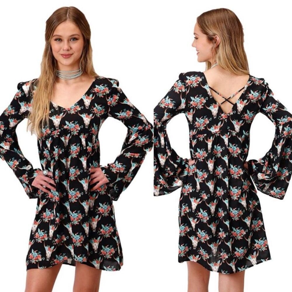 NWT Roper Cow Skull Floral Cross Back Dress Large